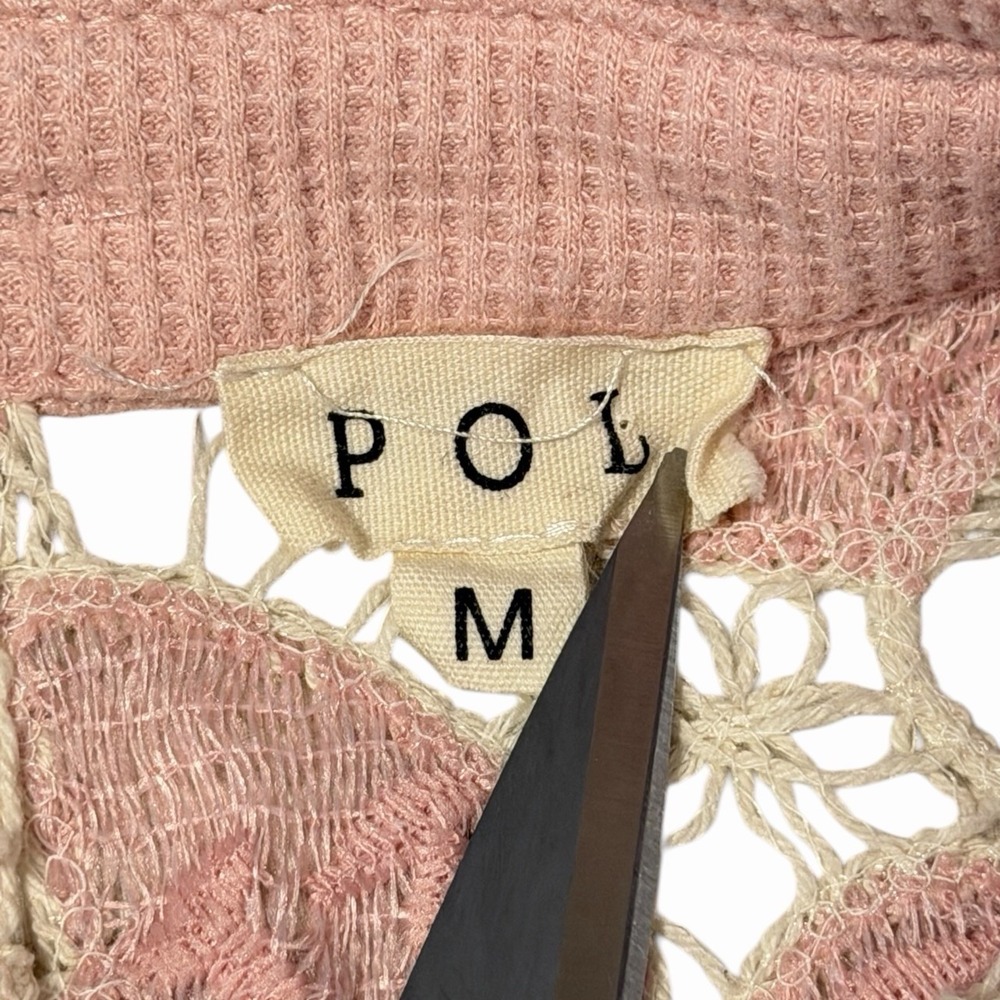 POL‎ Crochet Lace Button Front Top Pink Boho Cottagecore Sheer Collared Medium - Picture 6 of 7